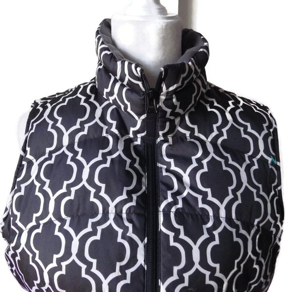 Puffer Down Vest/ Land's End/ Black & White Arabesque/ Size Med 10-12 - Picture 3 of 6